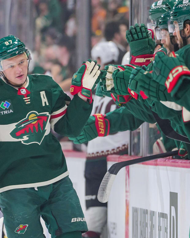 Mar 12, 2024; Saint Paul, Minnesota, USA; Minnesota Wild left wing Kirill Kaprizov (97) celebrates his goal against the Arizona Coyotes in the first period at Xcel Energy Center.
